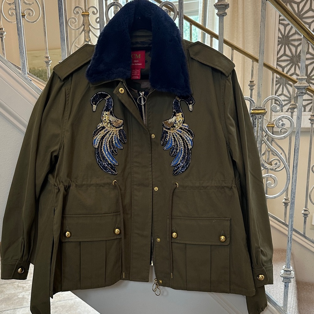 Embellished Olive Green Jacket with Navy Accents